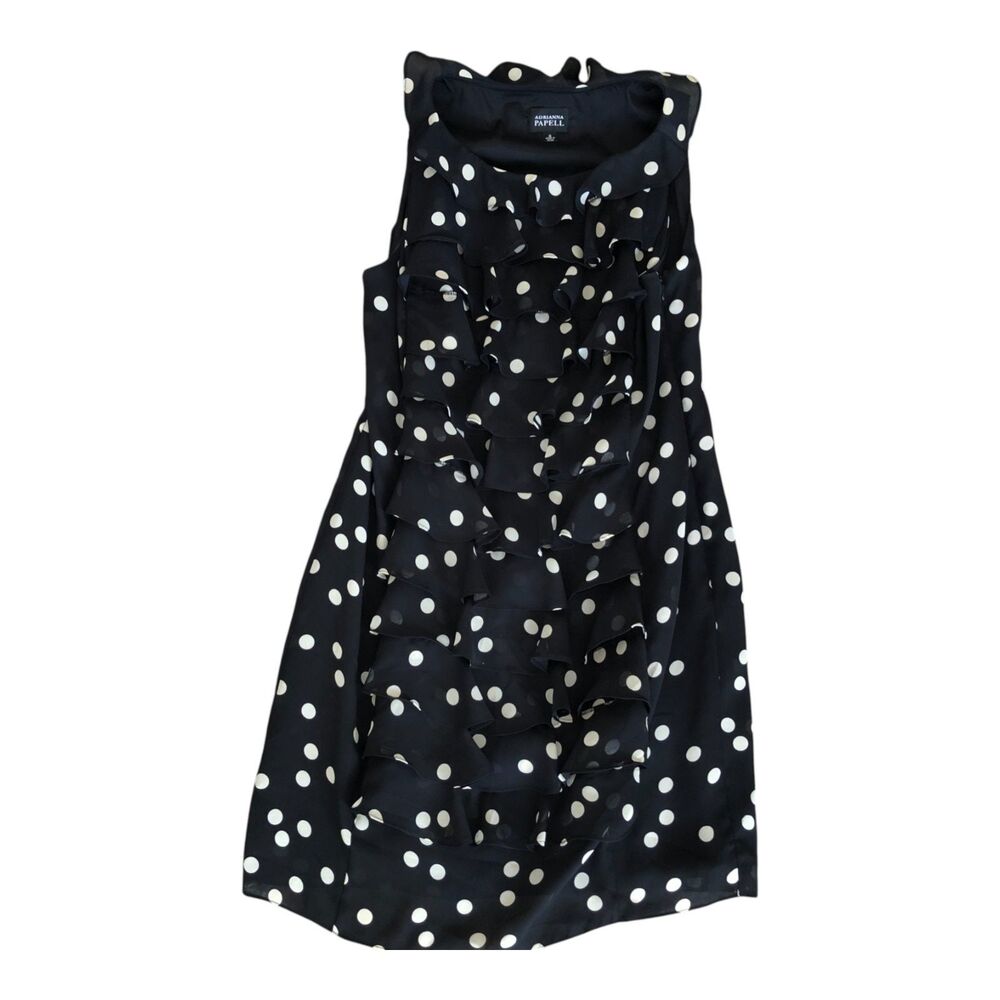 ADRIANNA PAPELL Black Polka Dot Sleeveless Feminine‎ Ruffle Sheath Dress 12